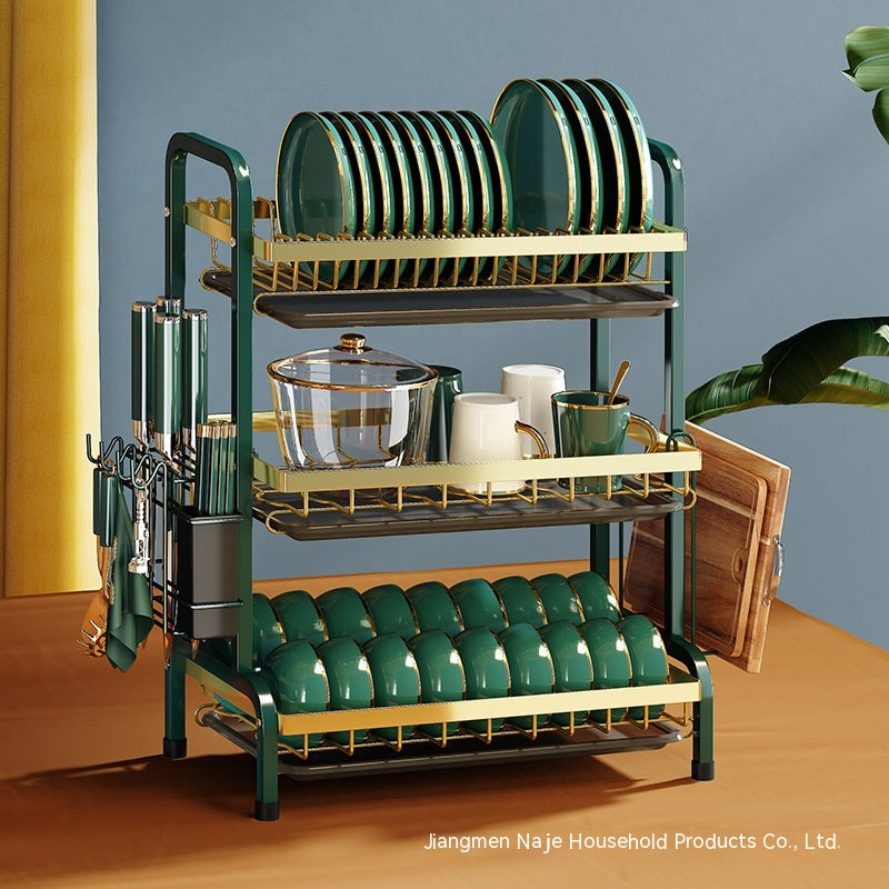 Two-Layer Kitchen Dish Rack Drainer with Cutting Board & Utensil Holders