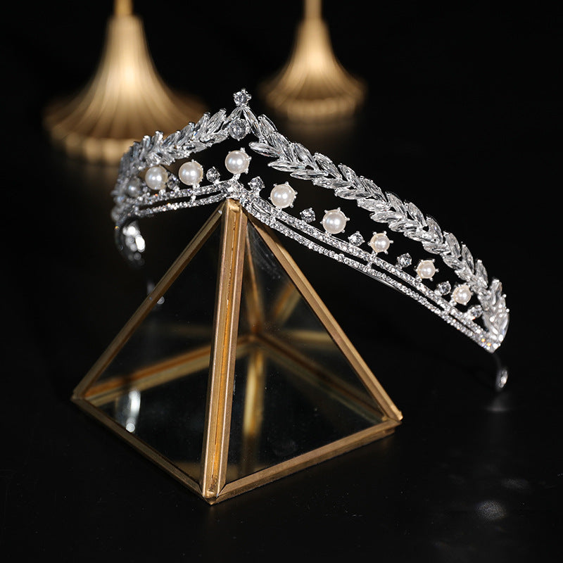 Bridal Crown Tiara Pearl Rhinestone Headpiece - Silver