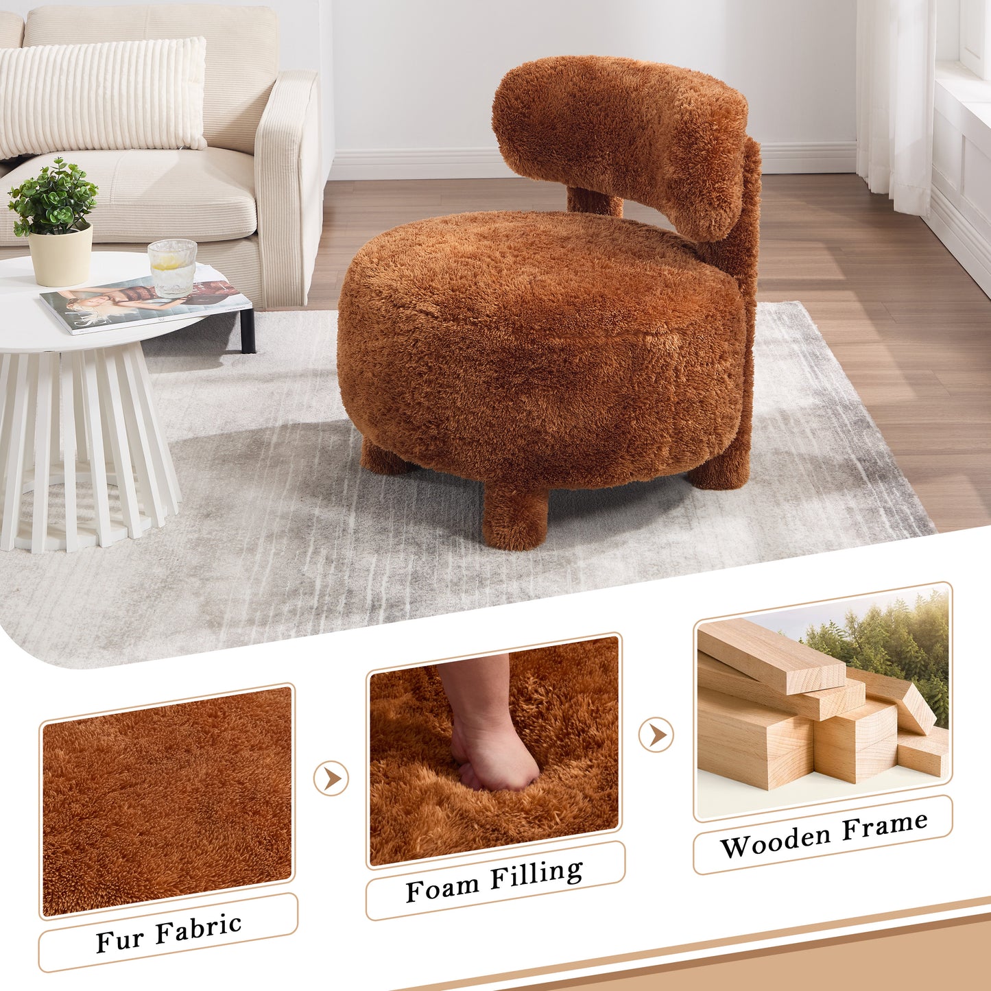 Curved Backrest Armless Accent Chair - Khaki Fur Upholstery