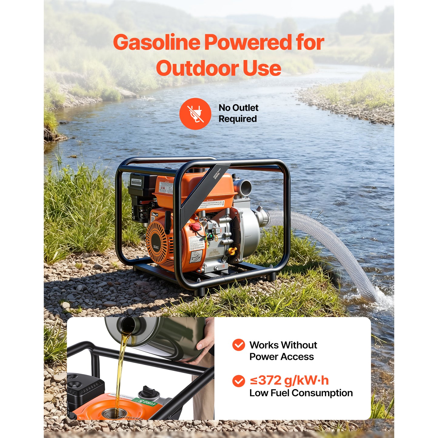 Gas Powered Water Pump 2 Inch 132 GPM 7HP Semi Trash Transfer Pump Portable