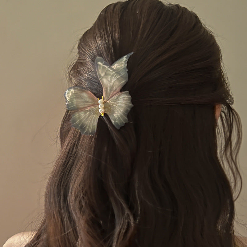 Mesh Pearl Butterfly Barrettes Duckbill Clip - Green (2pc)
