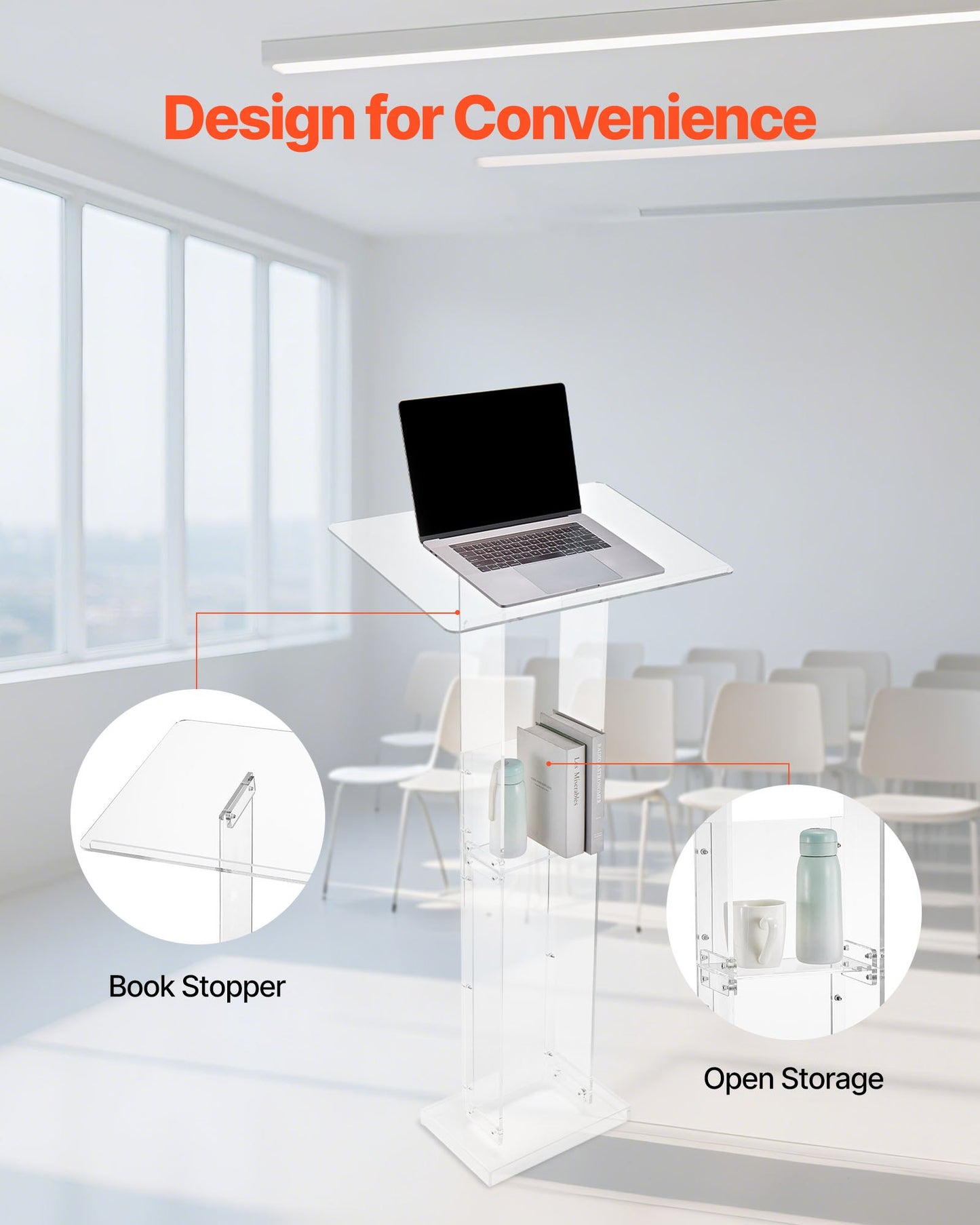 Portable Acrylic Podium Stand with Storage Shelf - Natural