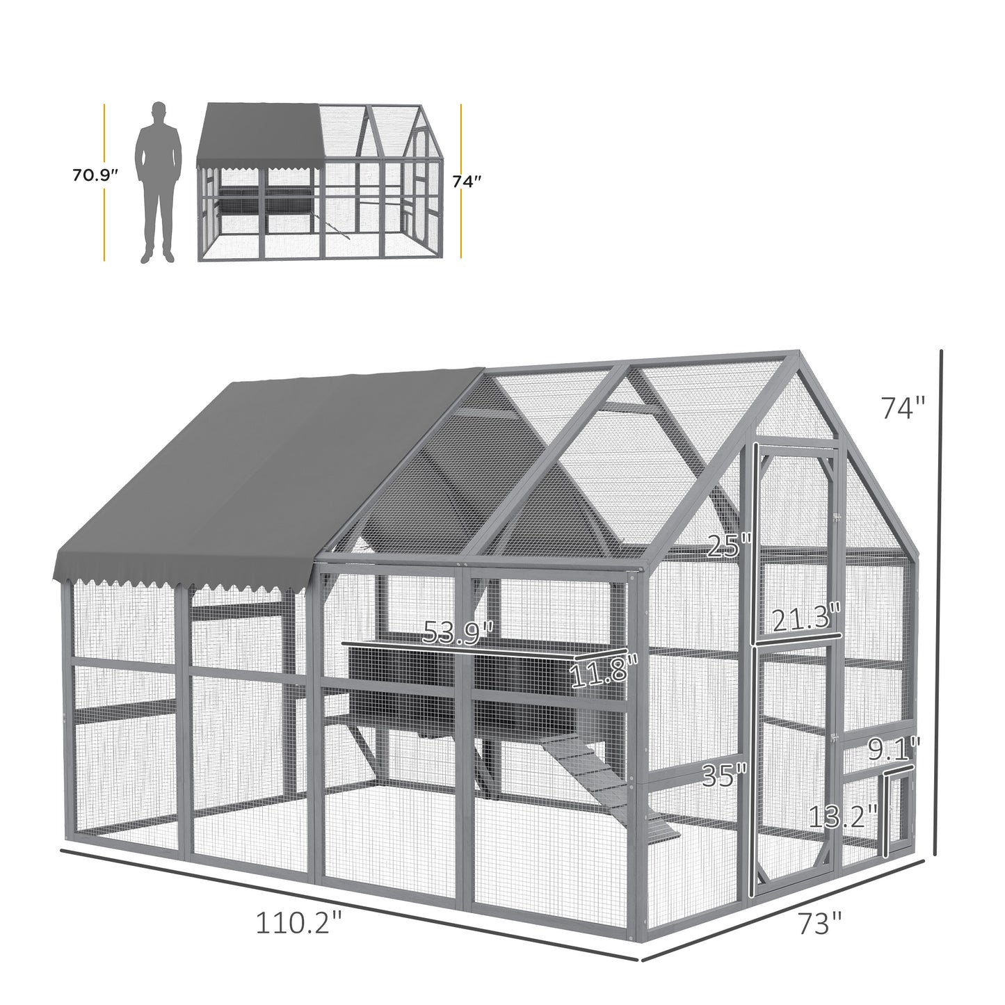 Large Chicken Coop with Nesting Box and Water-Resistant Cover - Gray, 1240x740x225mm