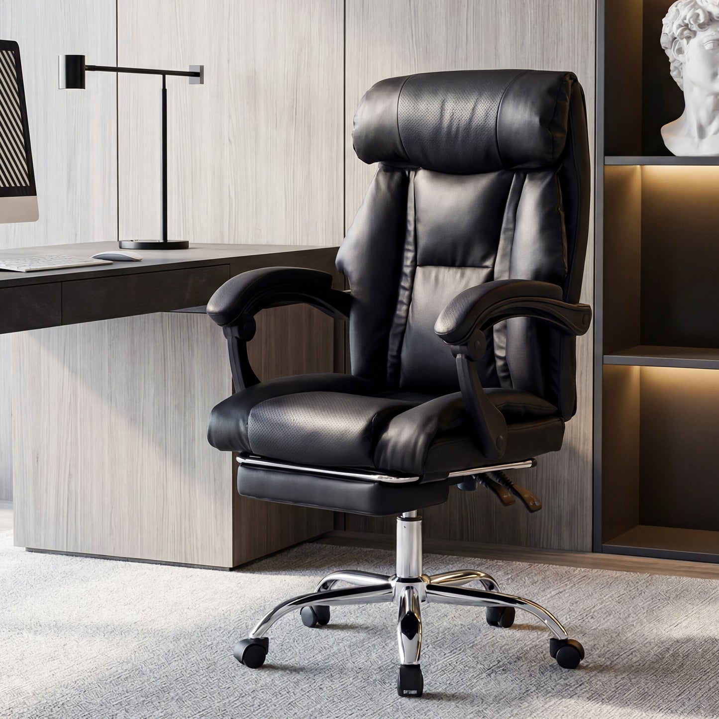 Adjustable Height Executive Office Chair with Foot Rest - Black