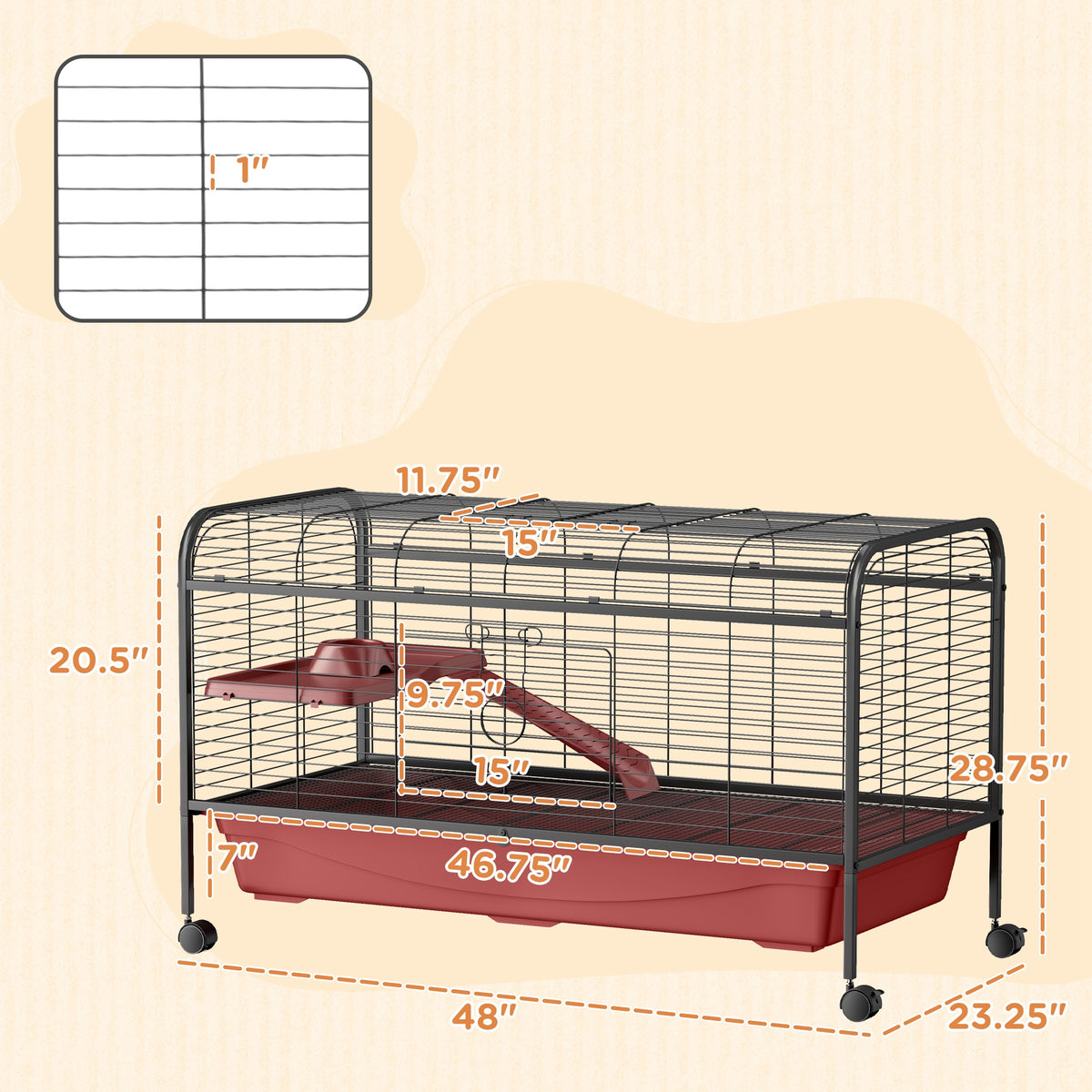 48-Inch Small Animal Cage with Wheels, Platform, Ramp & Feeder for Rabbits & Ferrets