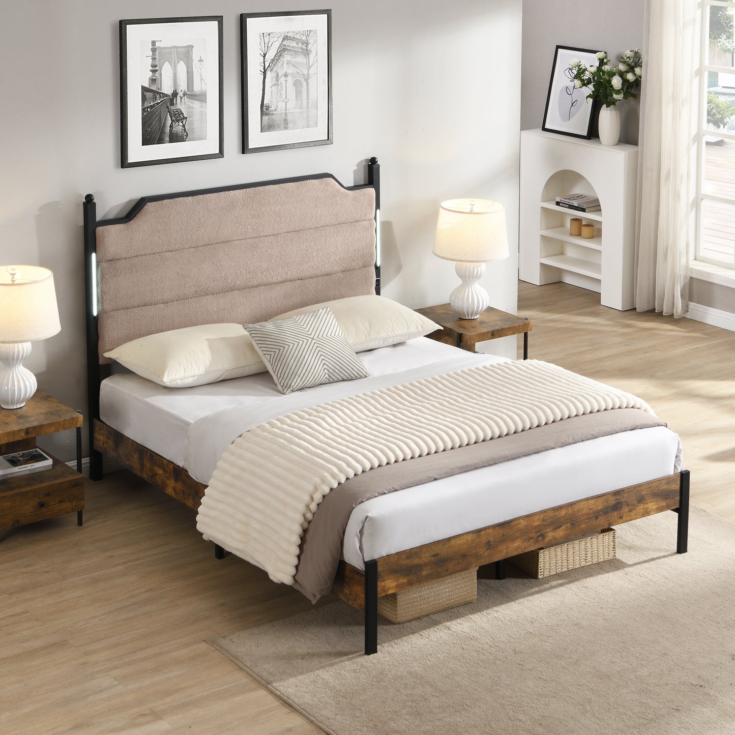 Queen Bed Frame with Upholstered Headboard & LED Lights - Light Pink