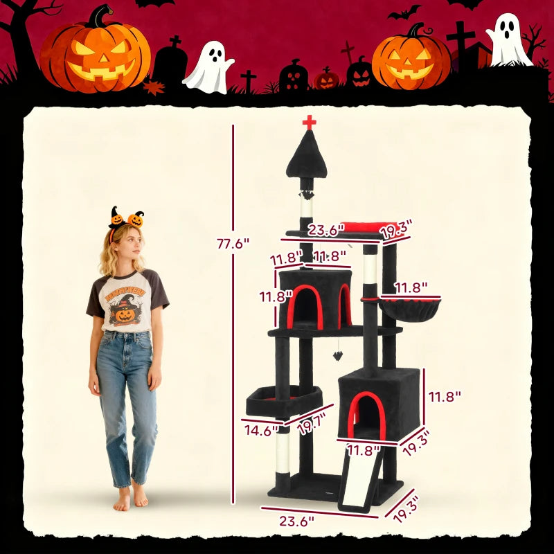 Gothic Cat Tree Tower with Coffin Bed & Sisal Posts - Halloween Decor