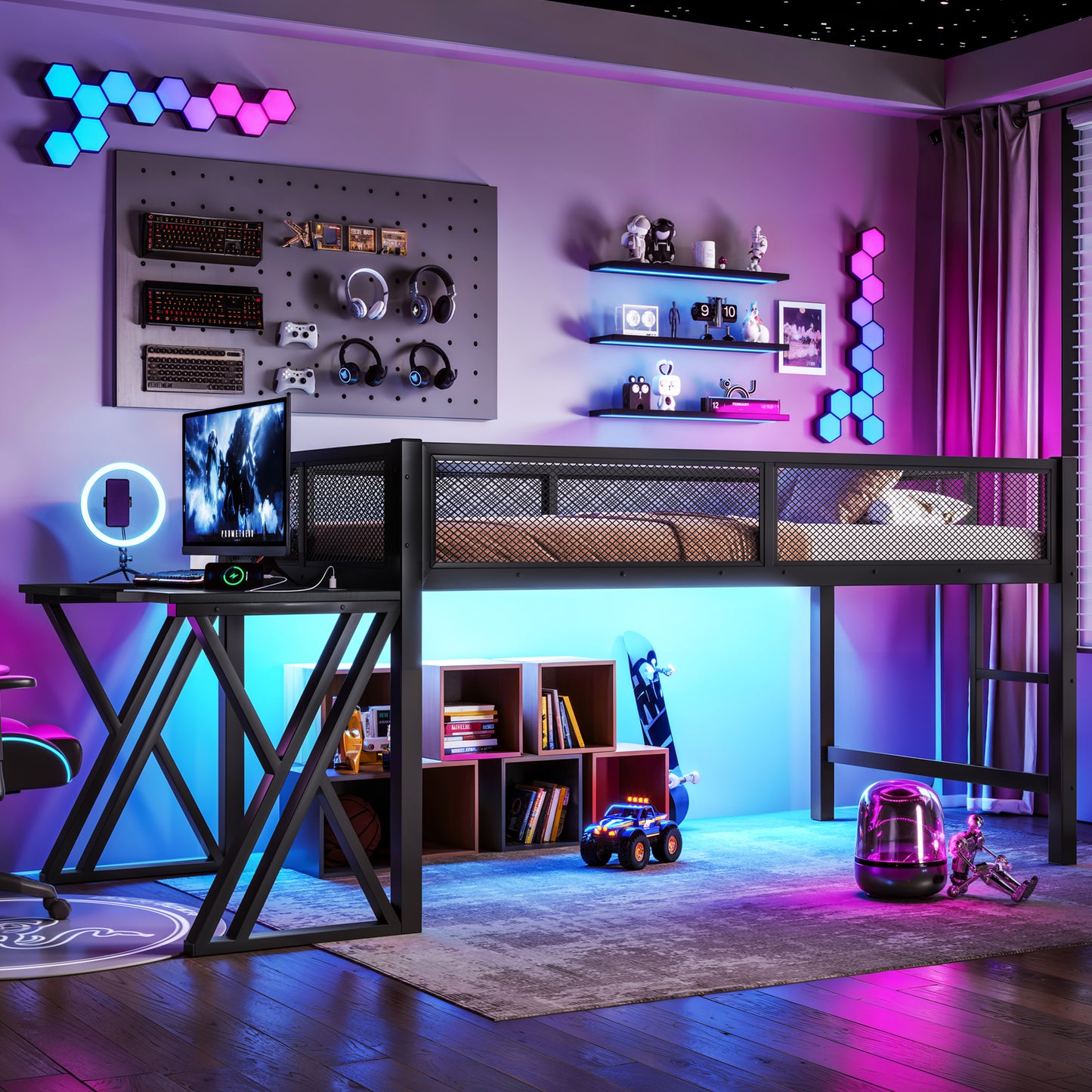 Twin XL Gaming Loft Bed with Desk, LED Lights & USB Ports - Black