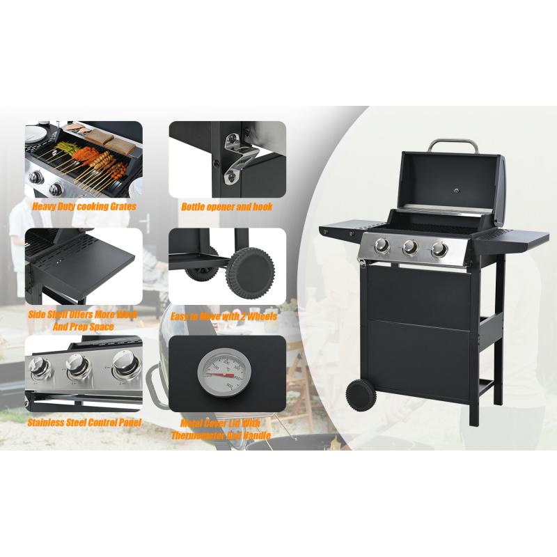 Three-Burner Propane Gas Grill with Stainless Steel Design & Wheels