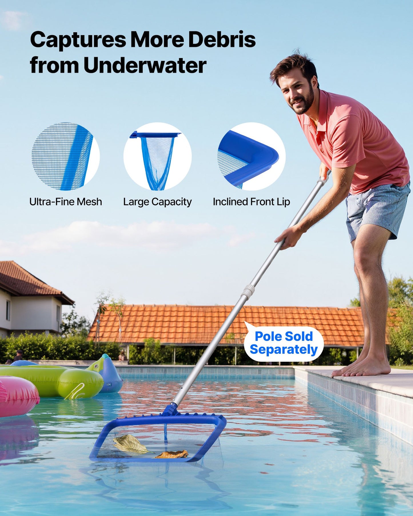 Swimming Pool Cleaning Kit with Leaf Skimmer Nets & Brush Heads - Blue