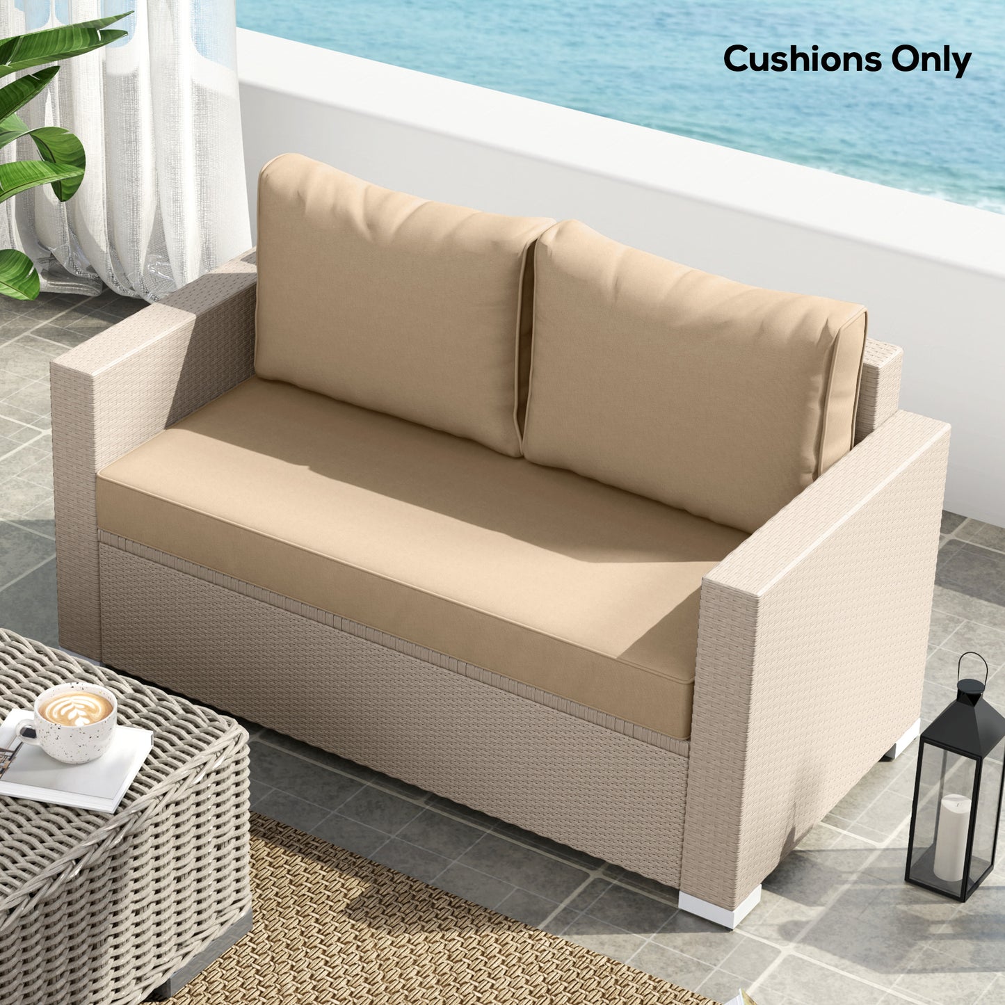 Beige Outdoor Loveseat Cushion Set - 3-Piece Thick Replacement Cushions