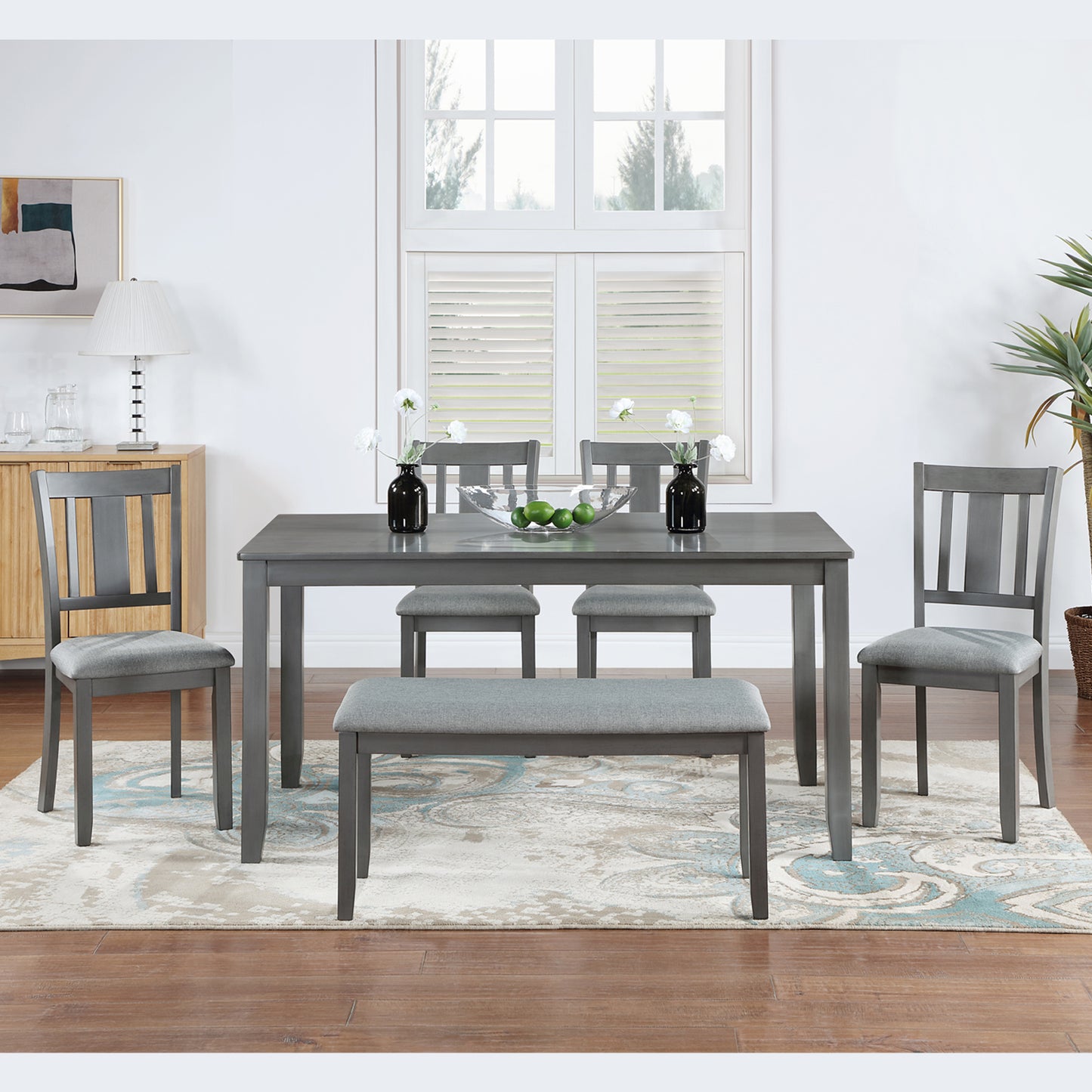 6-Piece Rectangular Wooden Dining Set with Upholstered Chairs & Bench - Gray
