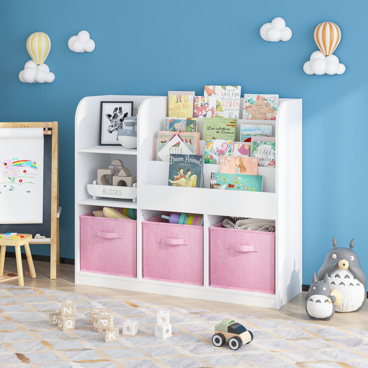 Kids Bookcase with 3 Fabric Drawers - White and Pink