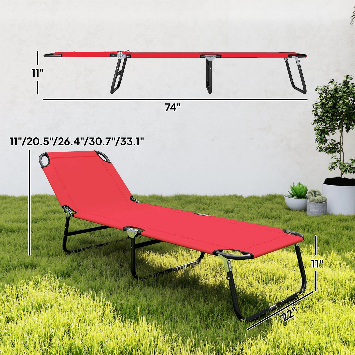 Folding Chaise Lounge Chair - 5-Level Recline, Steel Frame, Red