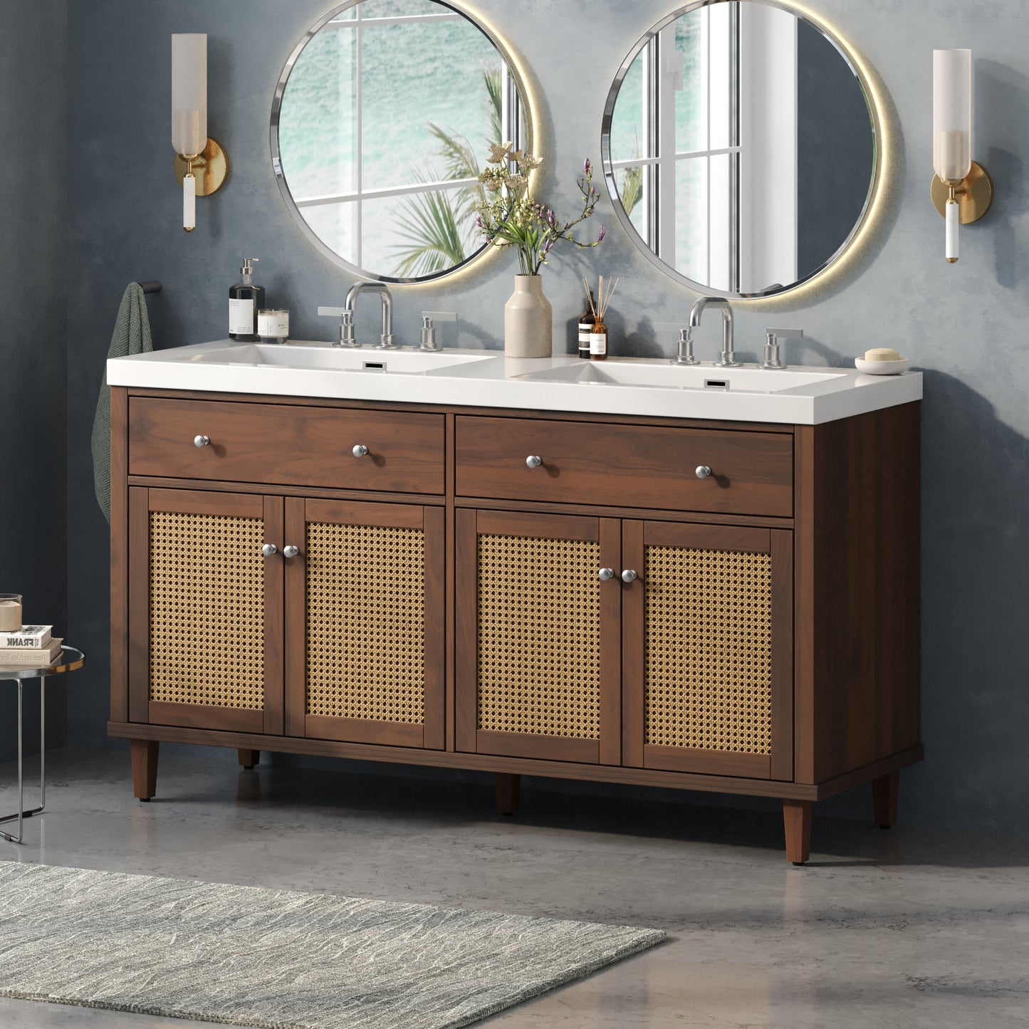 60 Inch Double Sink Bathroom Vanity with Large Storage - Brown