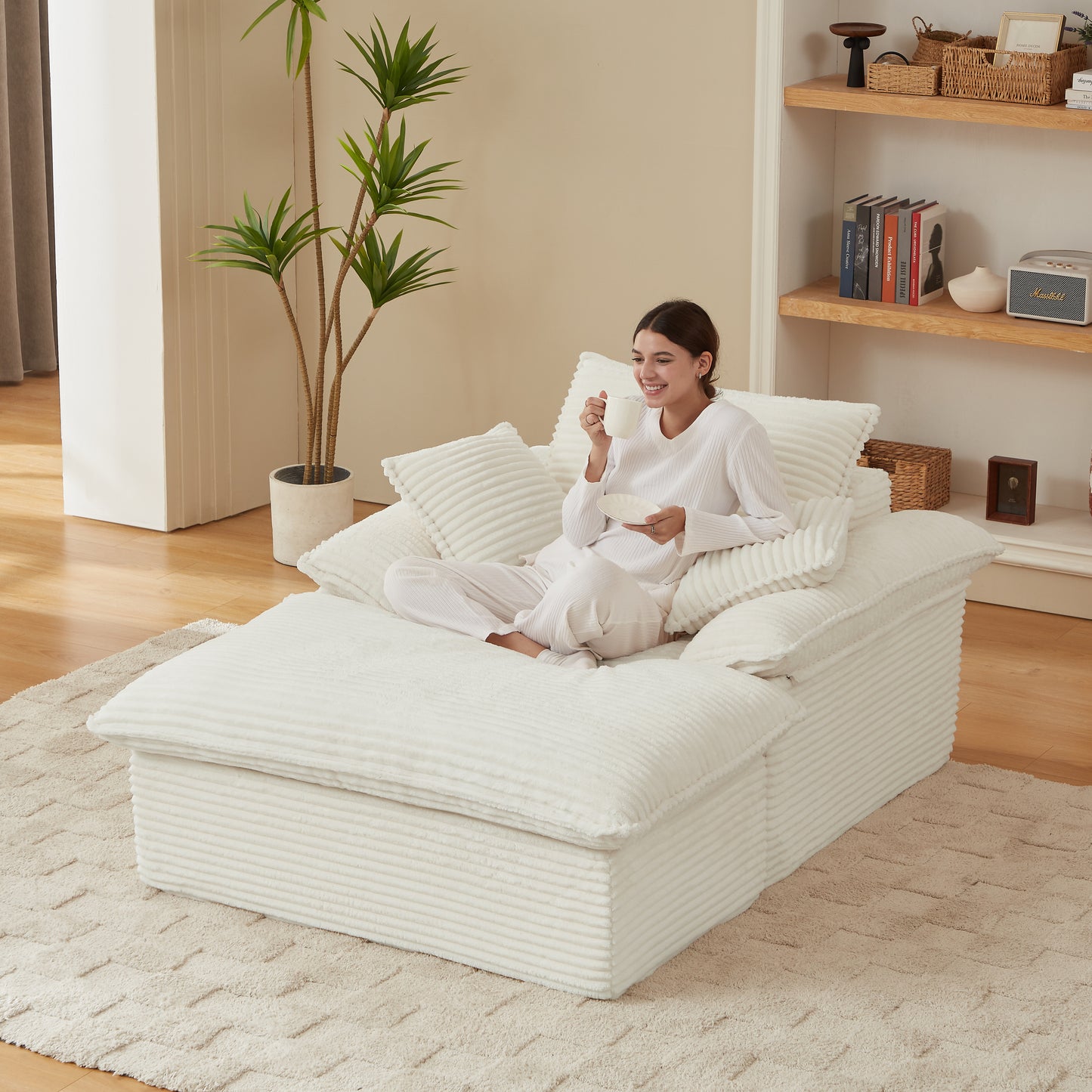 Modern Comfortable Single Seat Sofa with Unique Footrest - White