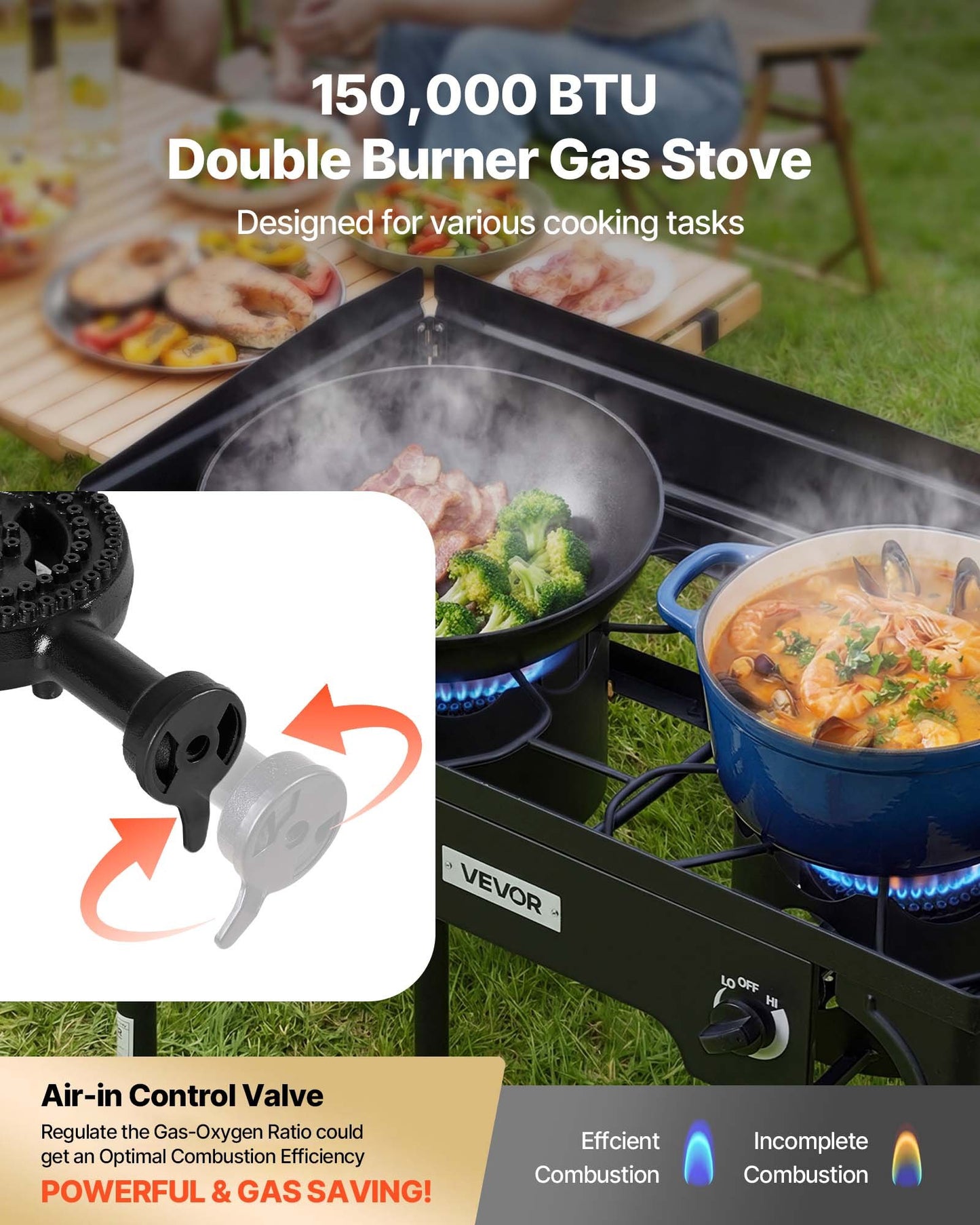 Outdoor Propane Gas Stove 2 Burners 150,000 BTU Camping BBQ Cooker Heavy Duty Steel