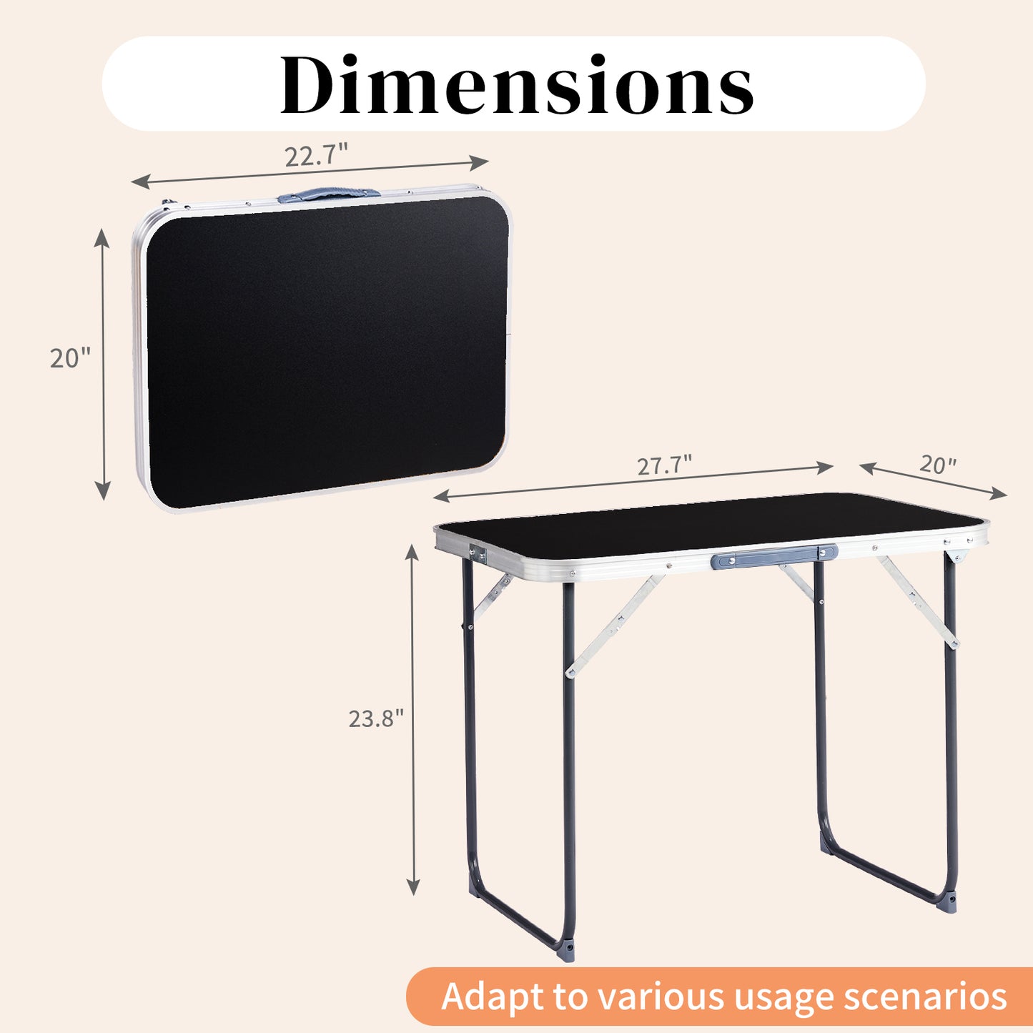 2.3ft Black Aluminum Folding Table - Lightweight & Durable
