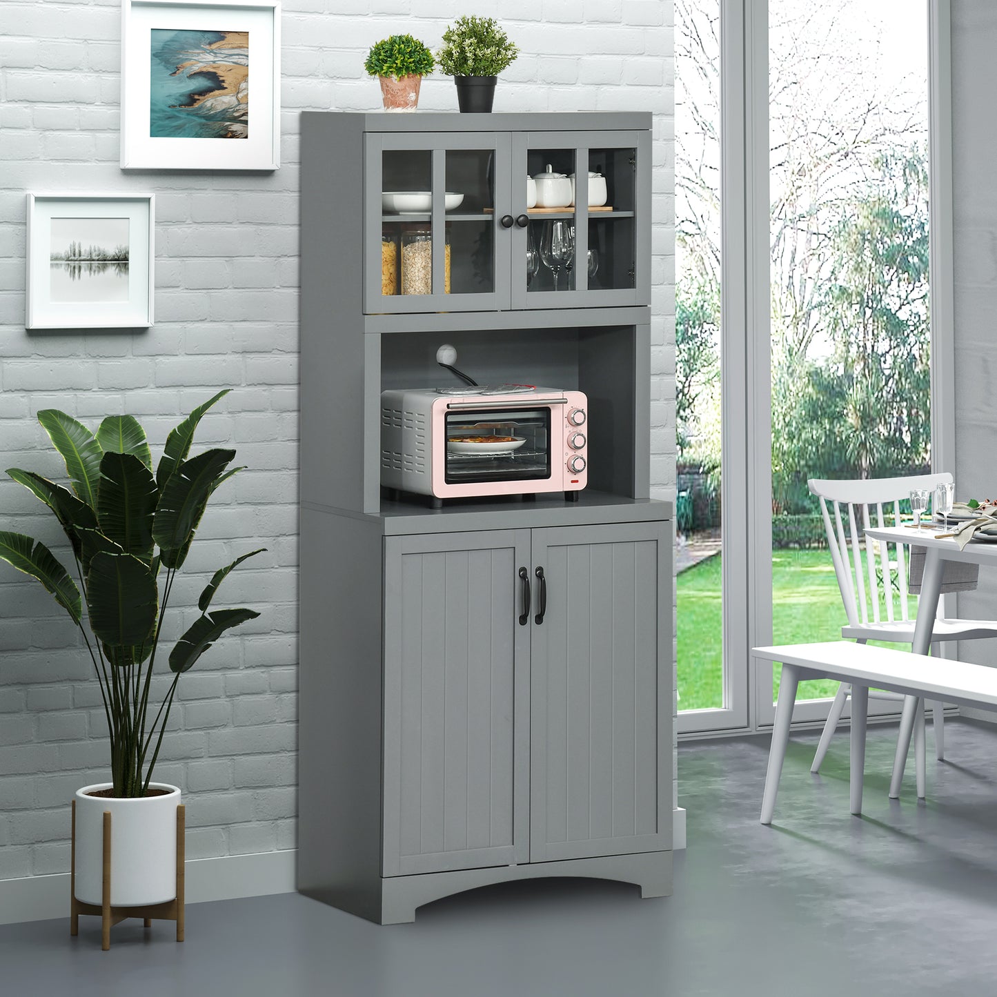 70" Kitchen Storage Cabinet with Adjustable Shelves & Microwave Space - Gray