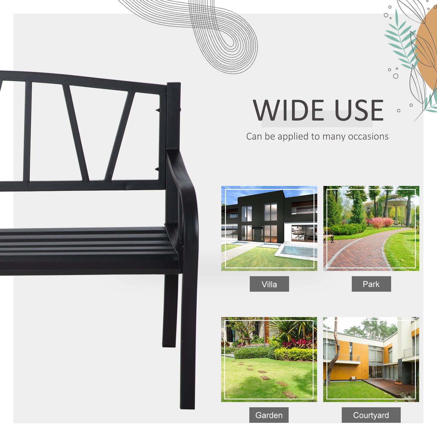50" Outdoor Metal Bench with V-Shaped Backrest - Black