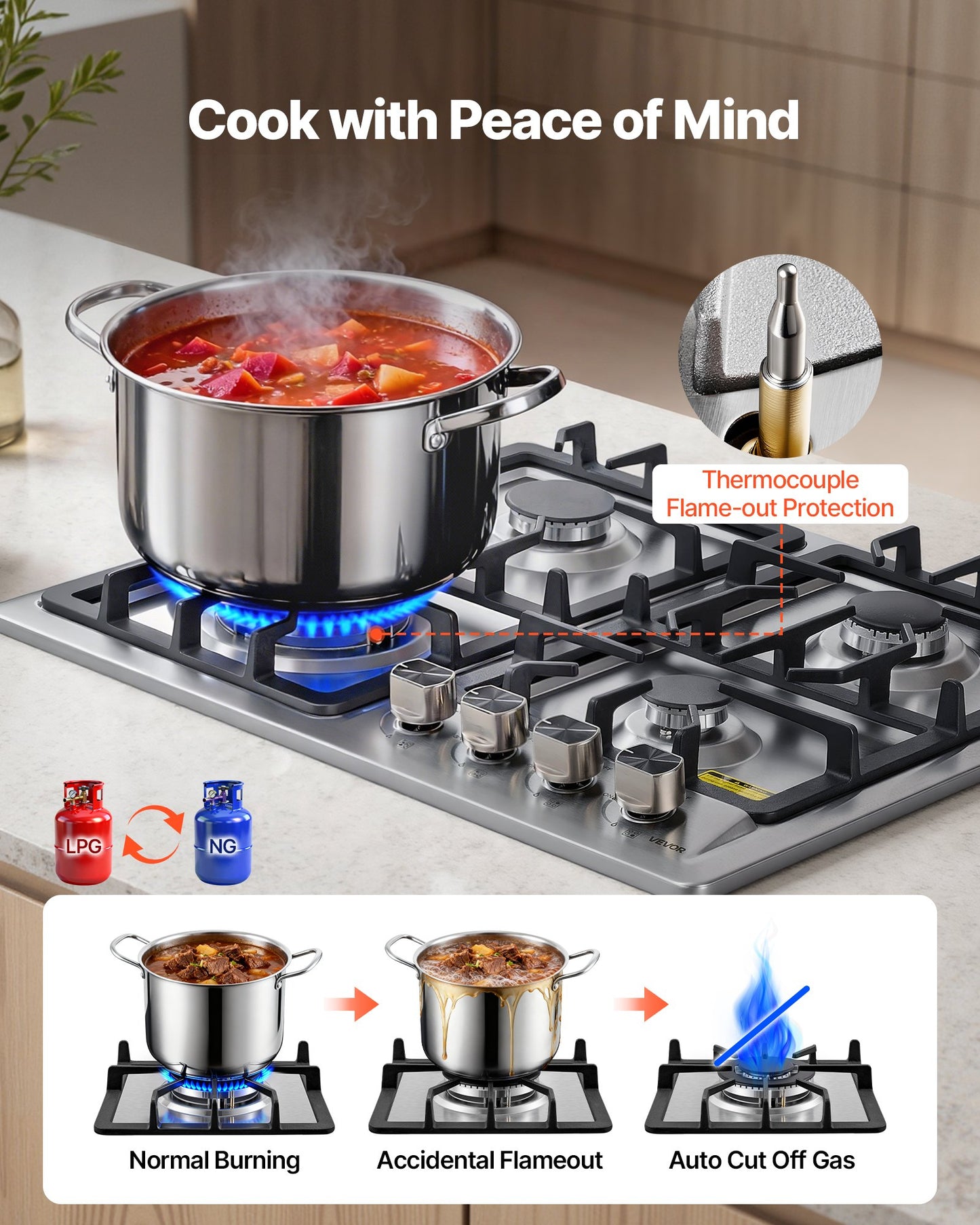 24 Inch Gas Cooktop 4 Burners Stainless Steel with Dual Fuel Conversion