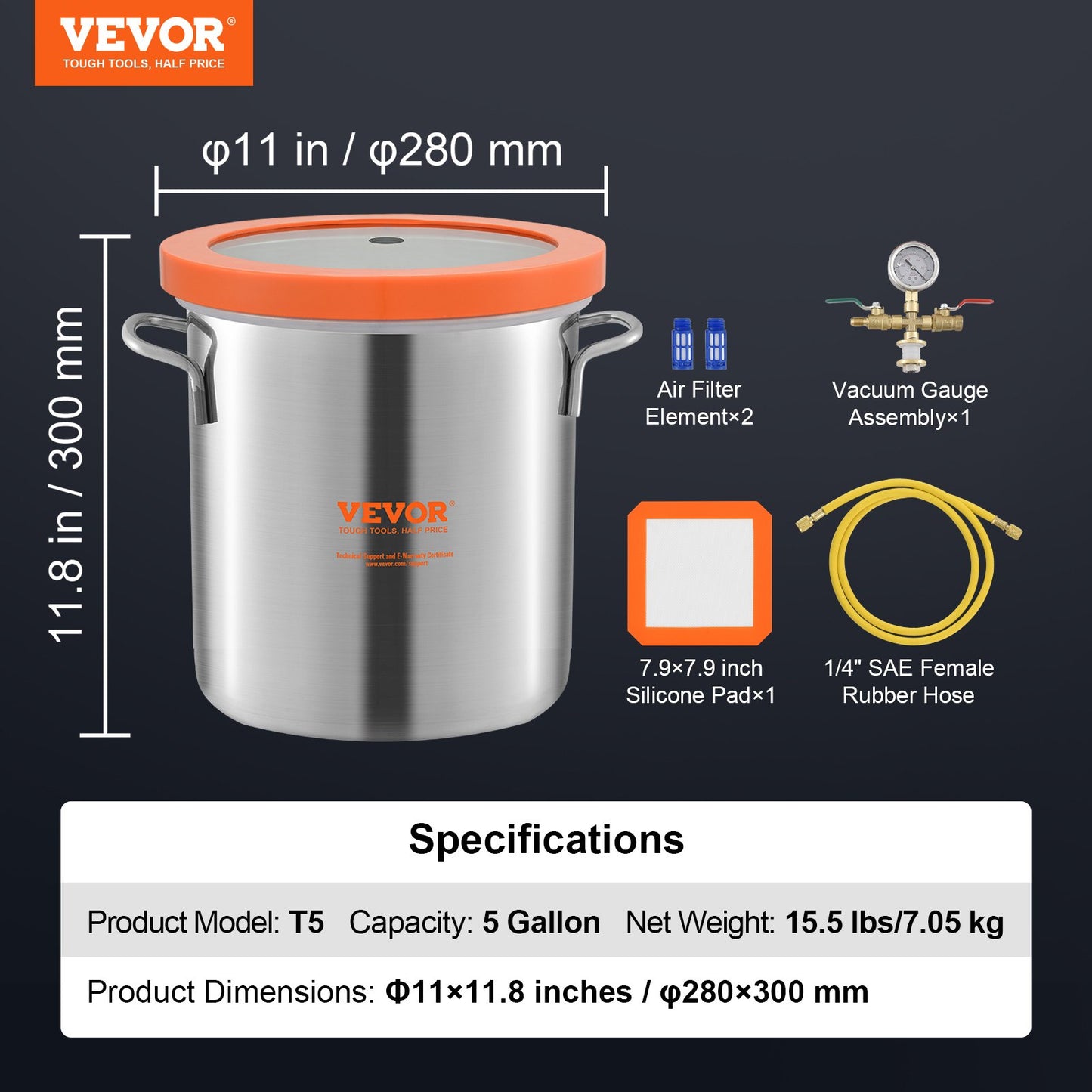 5 Gallon Vacuum Chamber with Tempered Glass Lid - Stainless Steel Degassing Tool