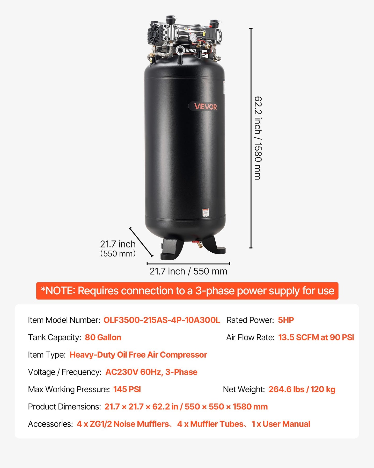 Heavy-Duty 80 Gallon Air Compressor 5HP 13.5 SCFM 145 PSI Oil-Free