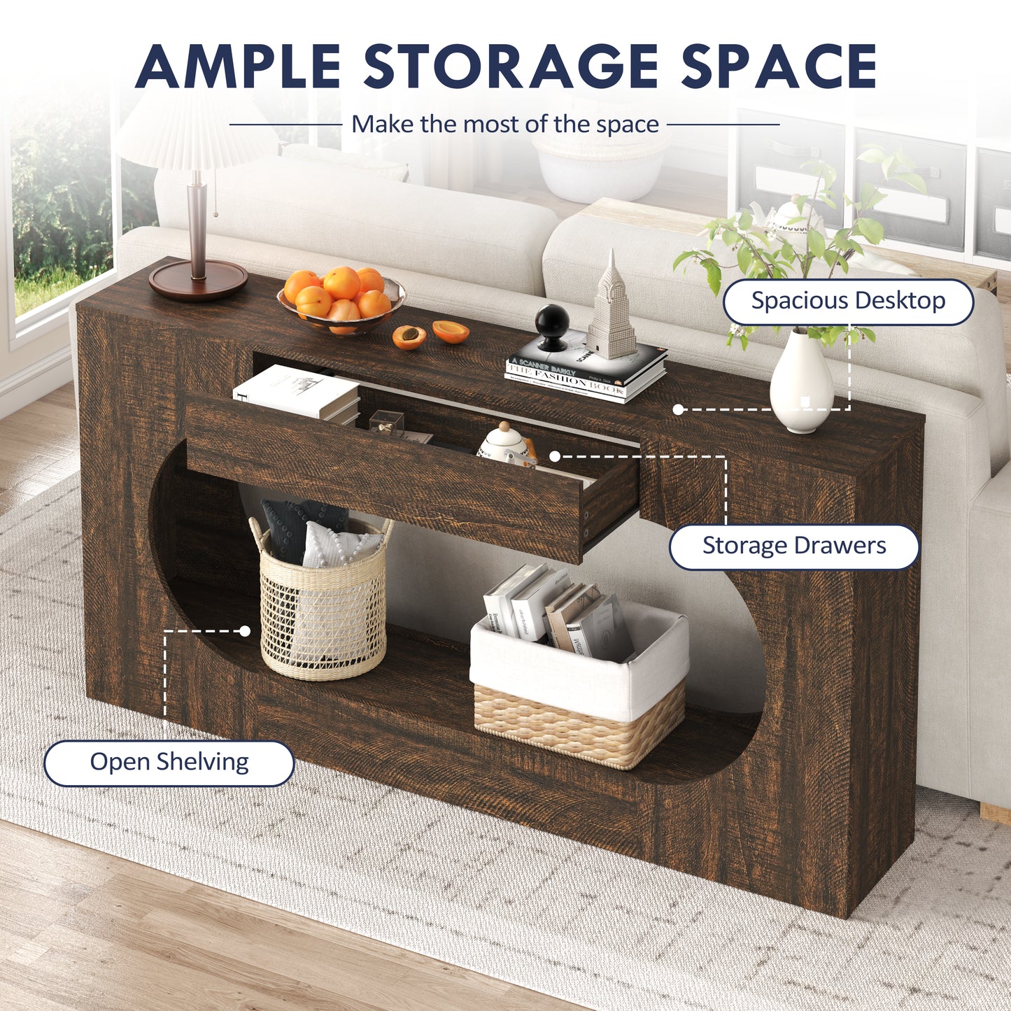Narrow Walnut Wood Grain Console Table with Drawer - 63"
