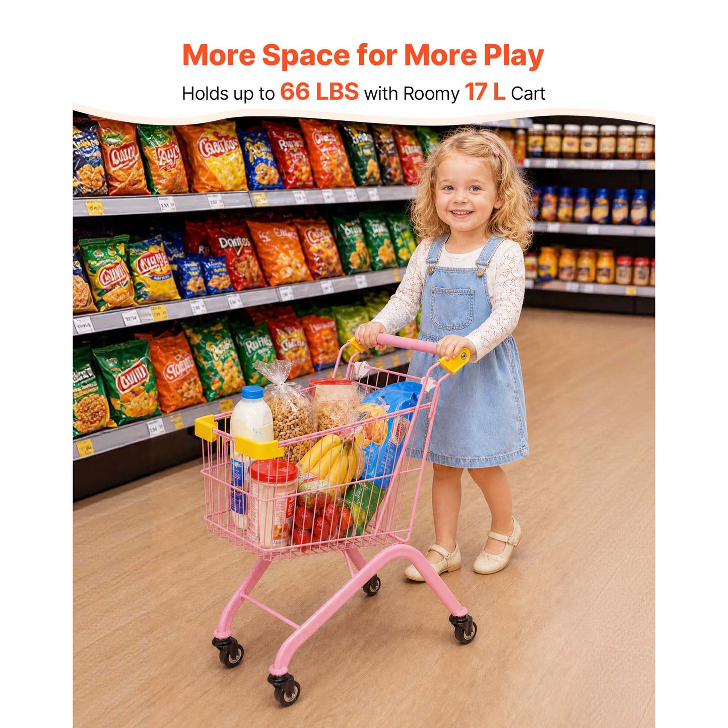 Kids Grocery Shopping Cart with Steel Frame & Wheels - Pretend Play Toy