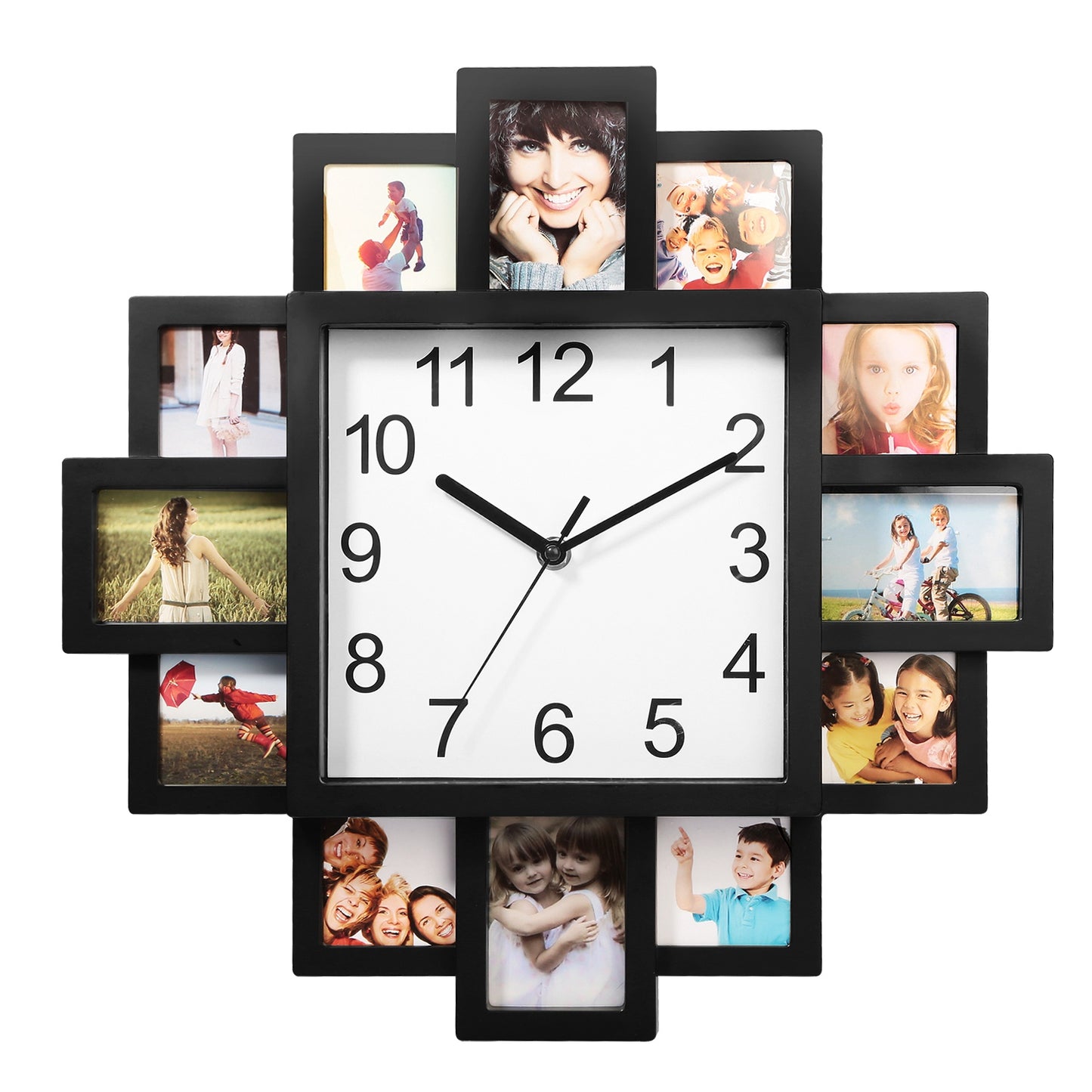 Photo Frame Wall Clock - 12 Picture Collage, Black
