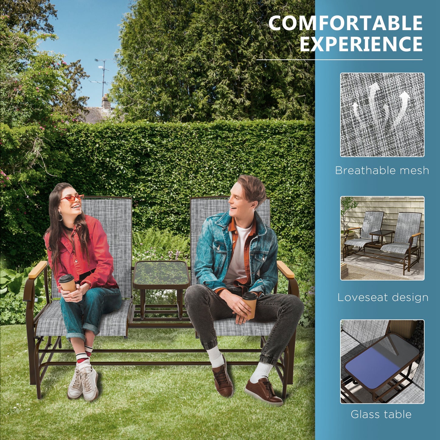 Outdoor 2-Person Glider Bench with Table - Gray Steel Frame