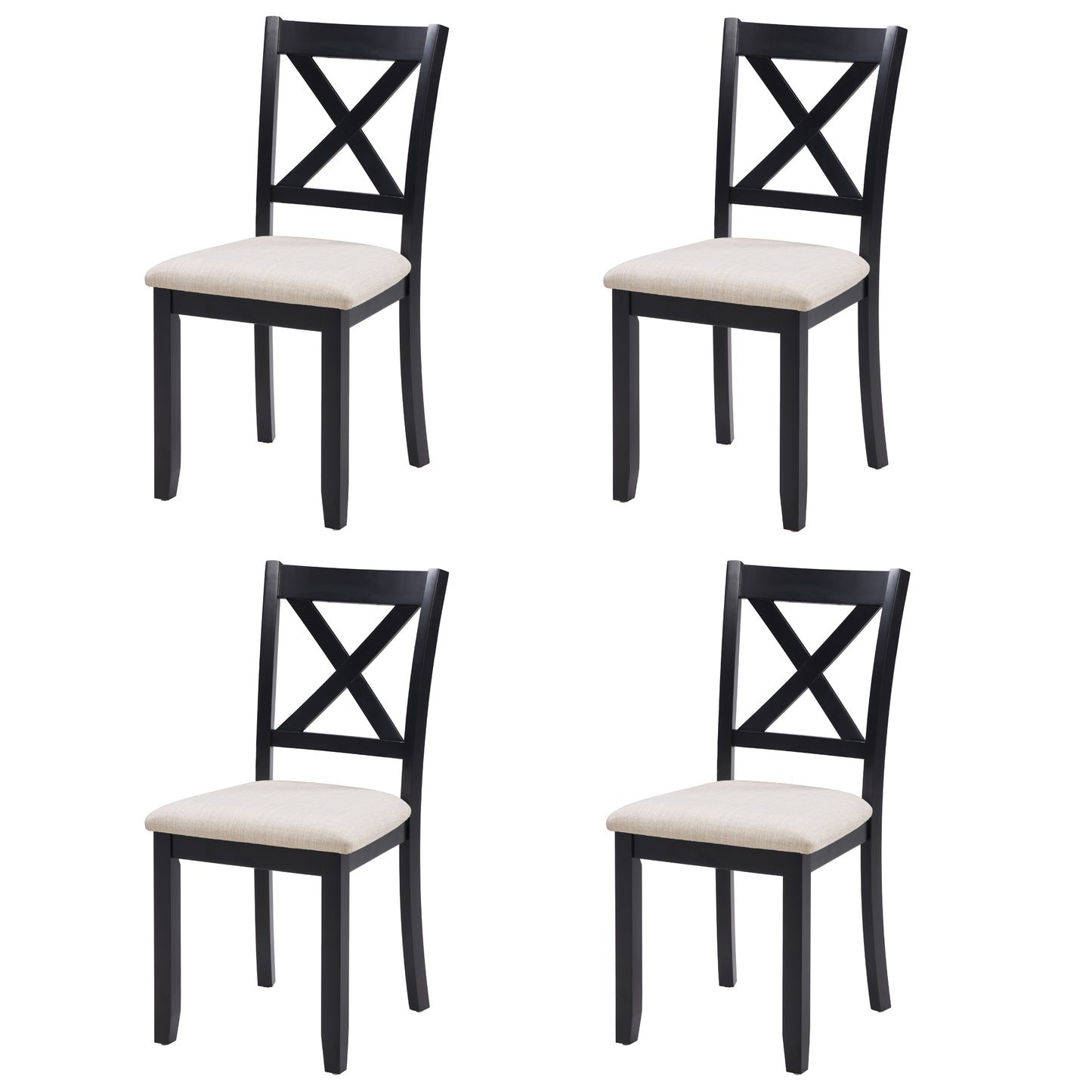 Wooden Dining Chairs Set of 4 with Padded Seat - Black & Beige