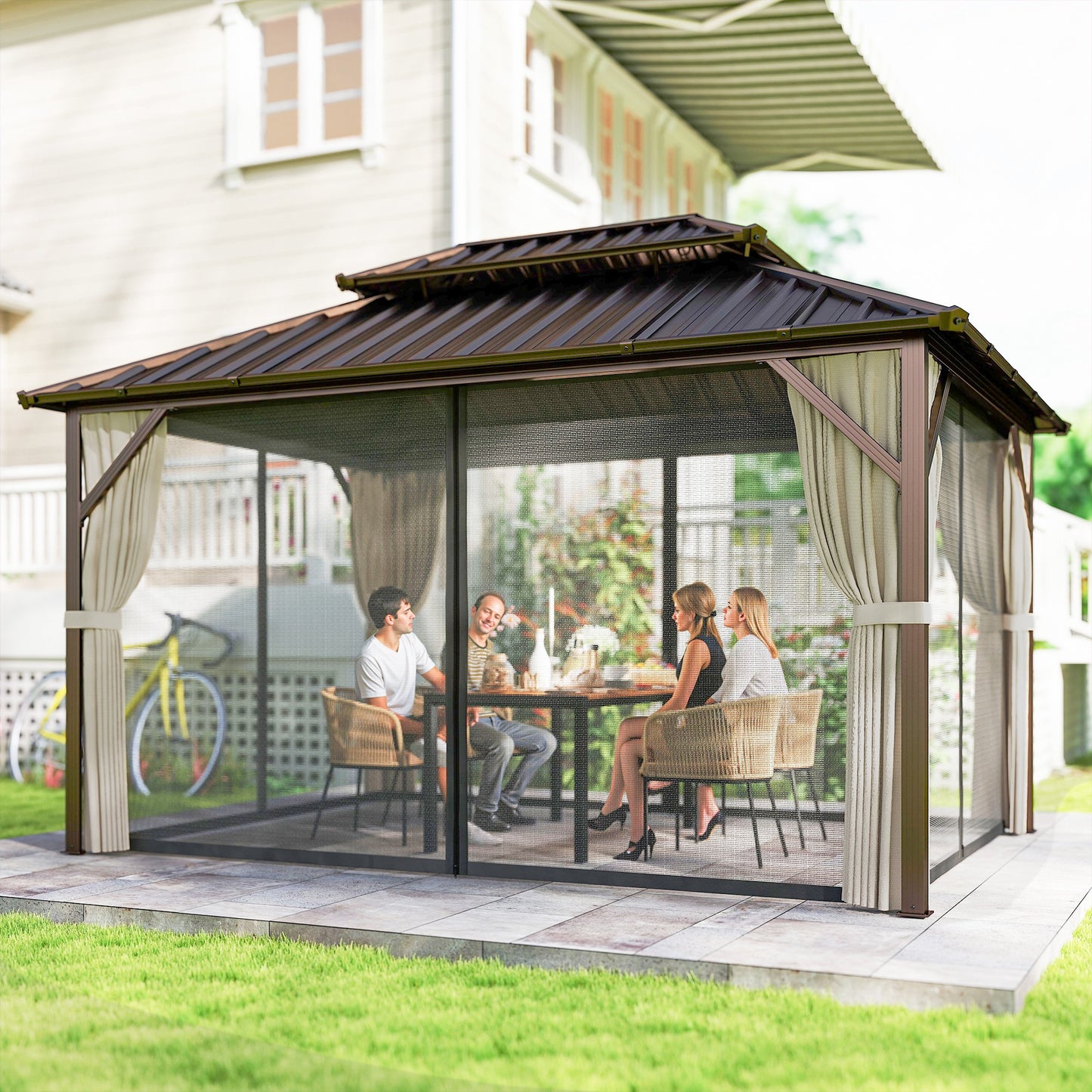 10' x 14' Hardtop Gazebo with Steel Roof Canopy - Brown