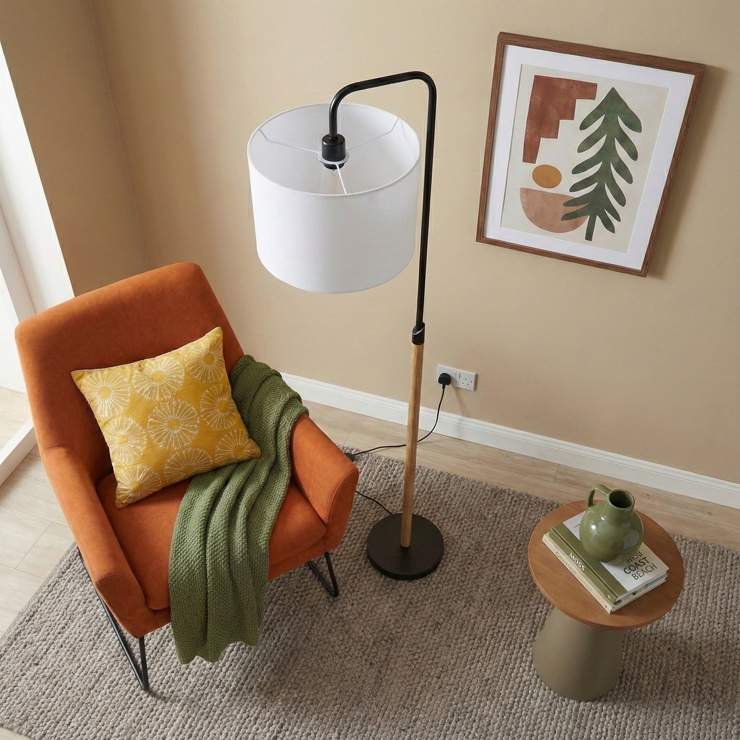 Floor Lamp With Cylinder Shade, Curved Standing Light For Living
