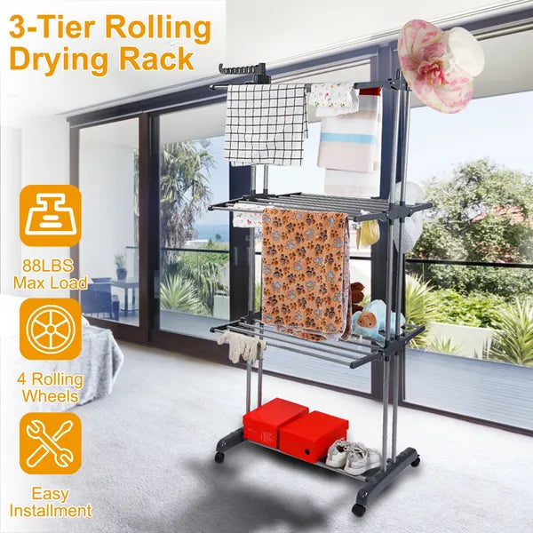 Clothes Drying Rack Rolling Collapsible Laundry Dryer Hanger Stand