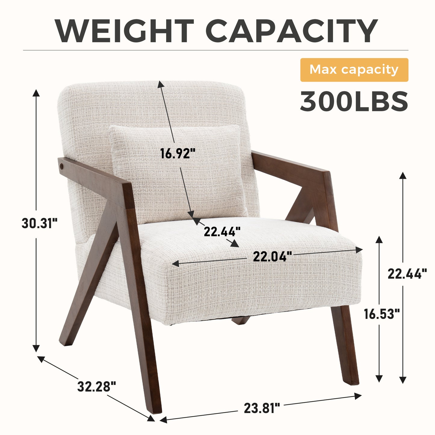 Mid-Century Modern Accent Chair - Solid Wood & Upholstered Chenille - Beige