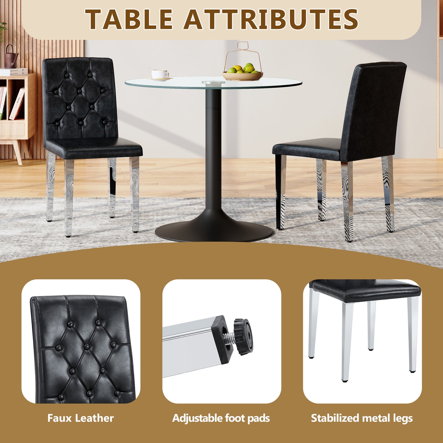 2-pack Black PU Dining Chairs Ergonomic Buckle Backrest, 35 Inches