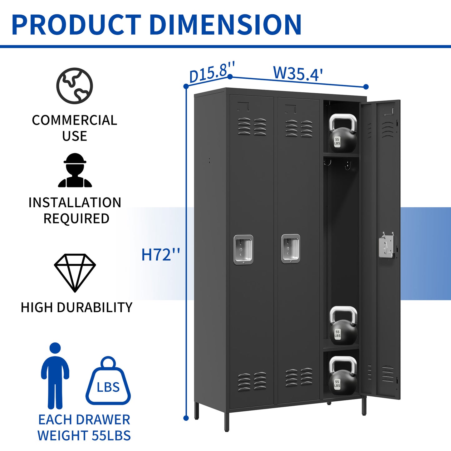 3 Door 72 H Metal Lockers With Lock For Employees,Storage Locker