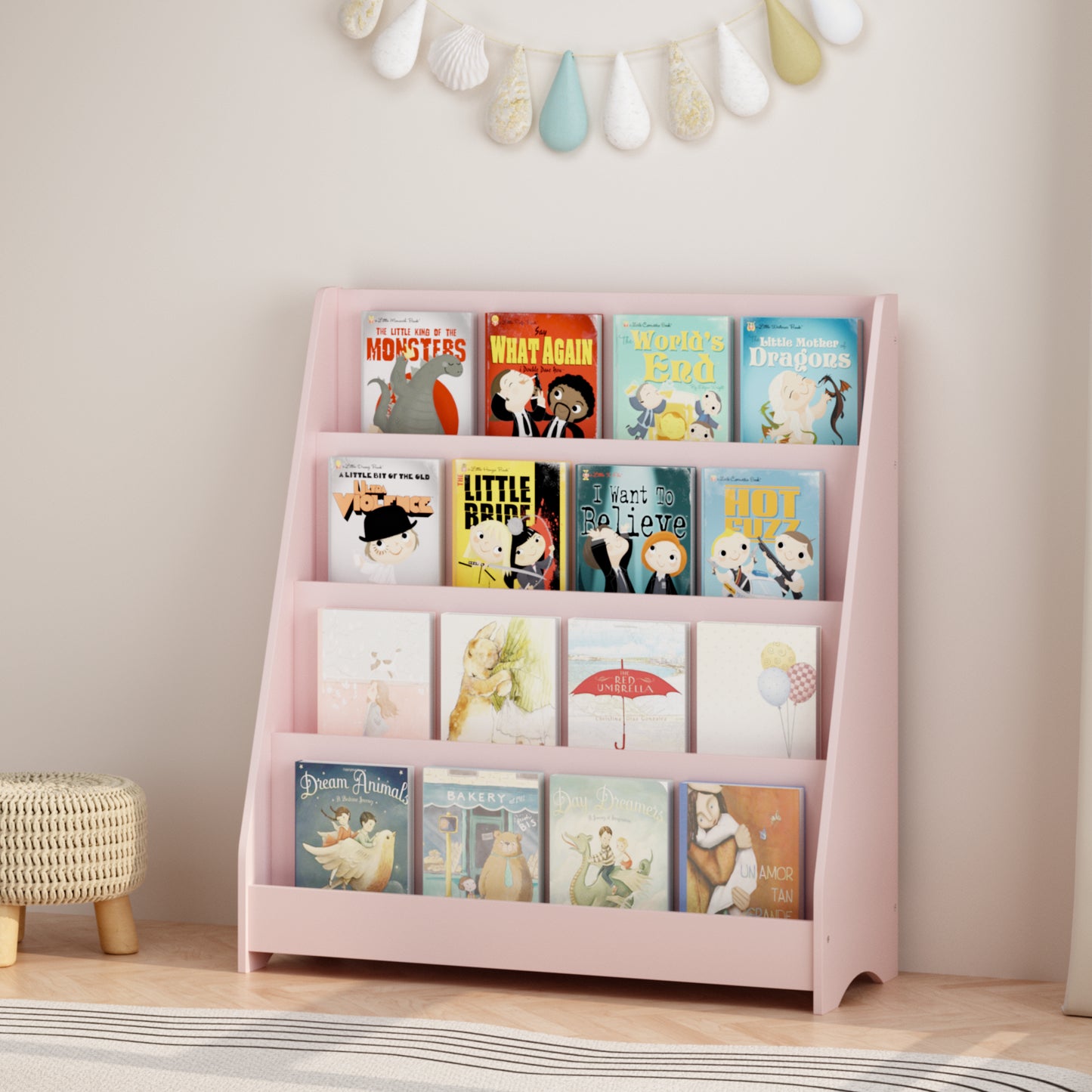 4-Tier Kids Bookshelf - Pink MDF Book Display Shelf