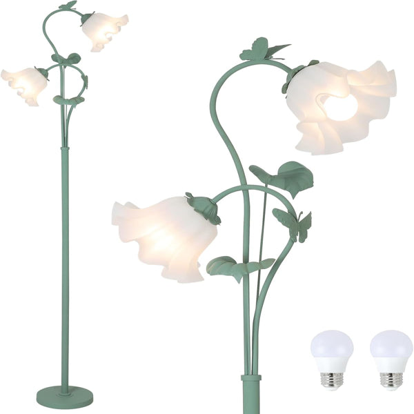 Vintage Flower Floor Lamp with 2 LED Bulbs - Green Acrylic Shade