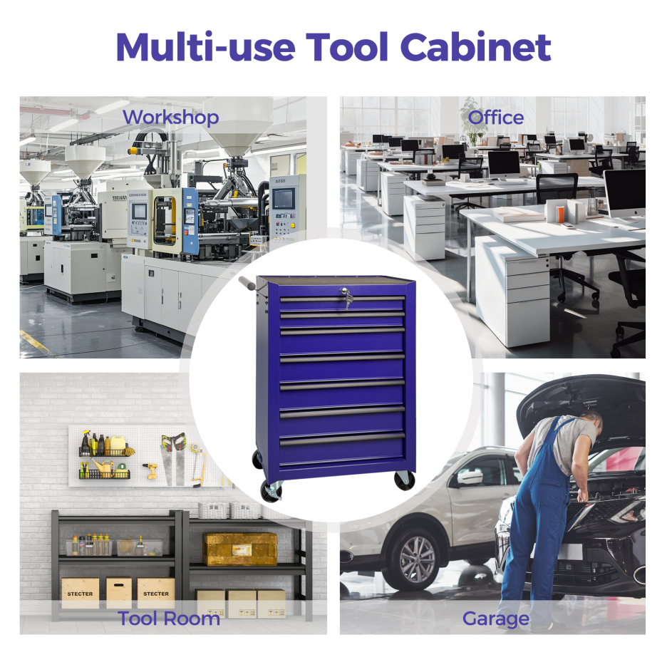 Rolling Metal Tool Chest with 7 Drawers - Purple Tool Storage