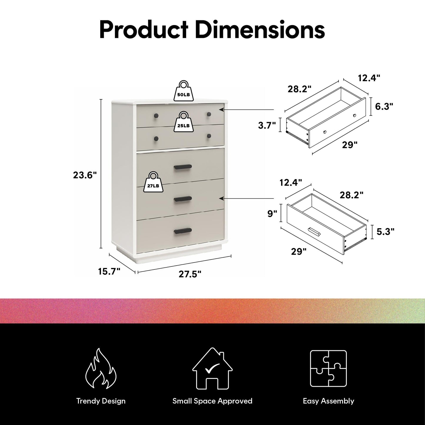 5-Drawer Dresser in White & Gray - Modern Storage Solution
