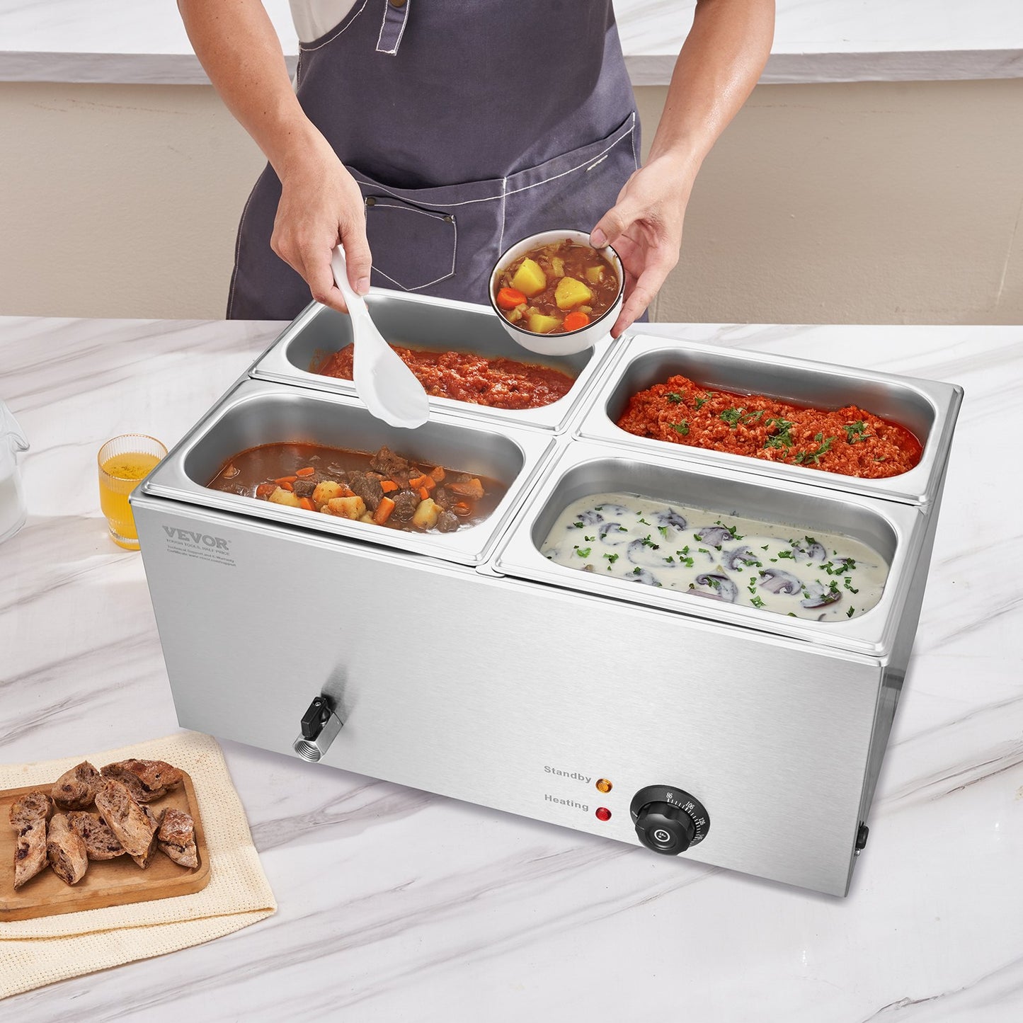 Commercial Food Warmer 4-Pan Countertop Buffet Bain Marie 15.9QT - Stainless Steel, Adjustable Temperature, Silver