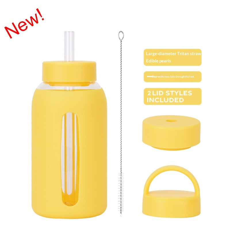 600ml Silicone Sleeve Glass Water Cup with Dual Lids - Heat-Resistant & Sipper-Friendly