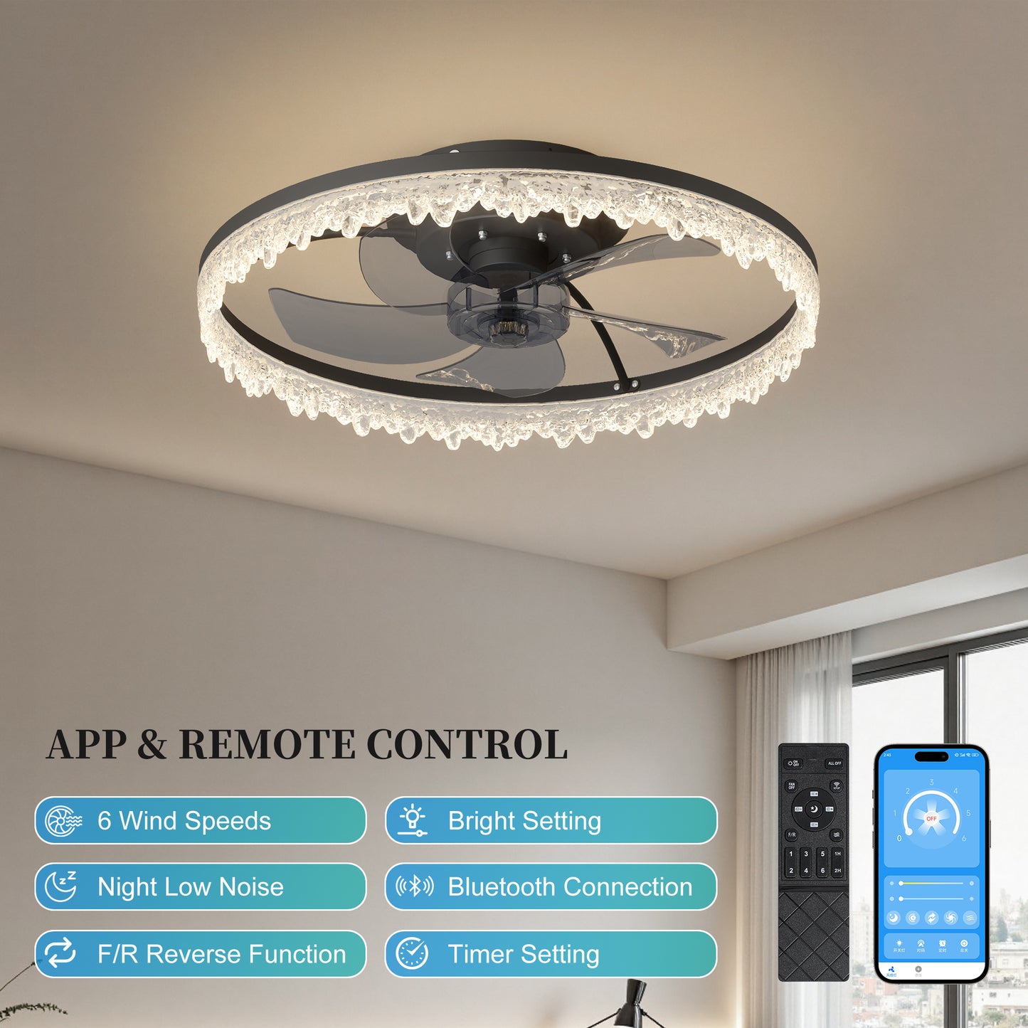 20-Inch Smart Flush Mount Ceiling Fan with LED Light & Remote Control