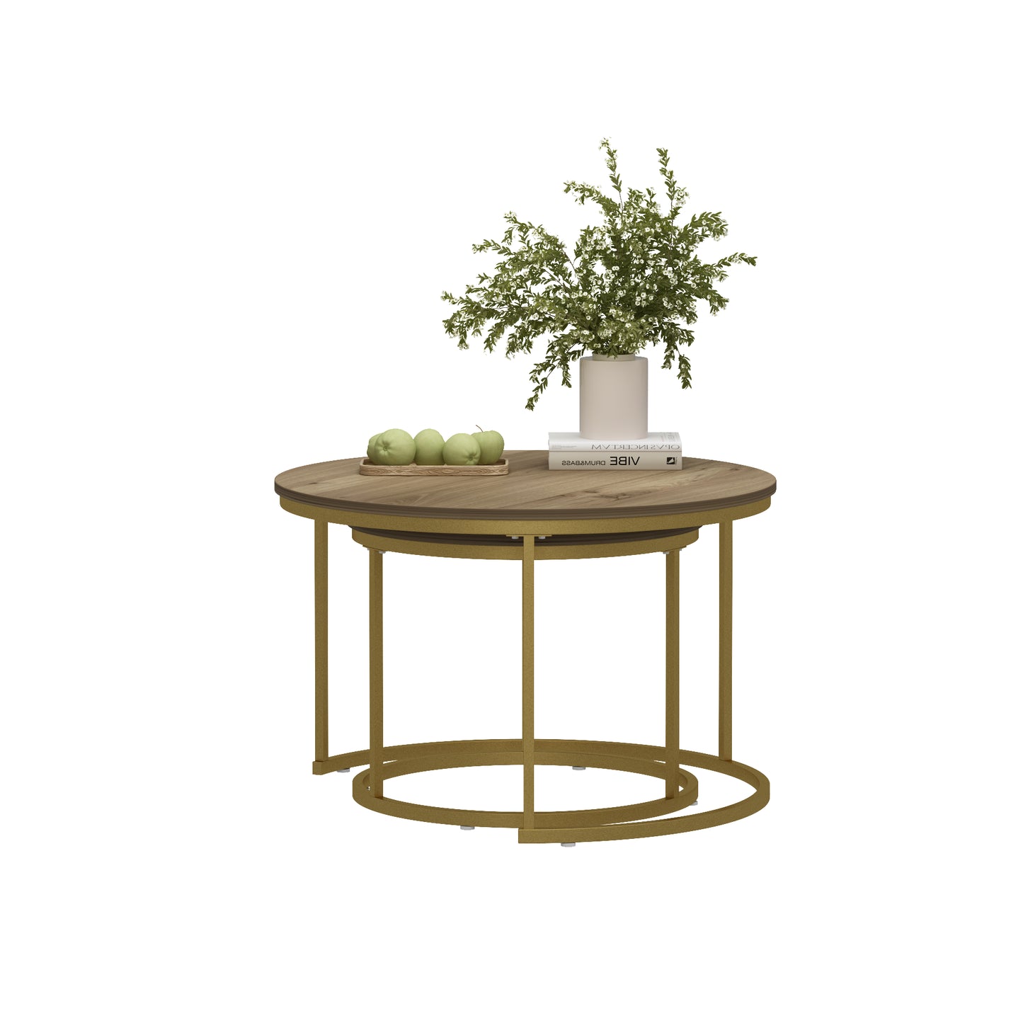Nesting Coffee Table Set of 2 - Round Wood & Metal - Brown+Gold