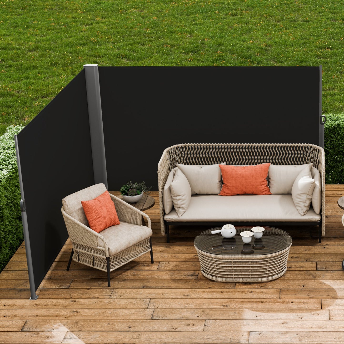 Black Retractable Patio Wind Screen - Aluminum Privacy Divider for Garden & Pool