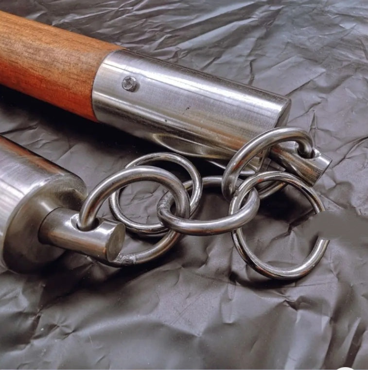 Solid Wood Three-Section Staff with Stainless Steel Ring for Home & Garden Storage