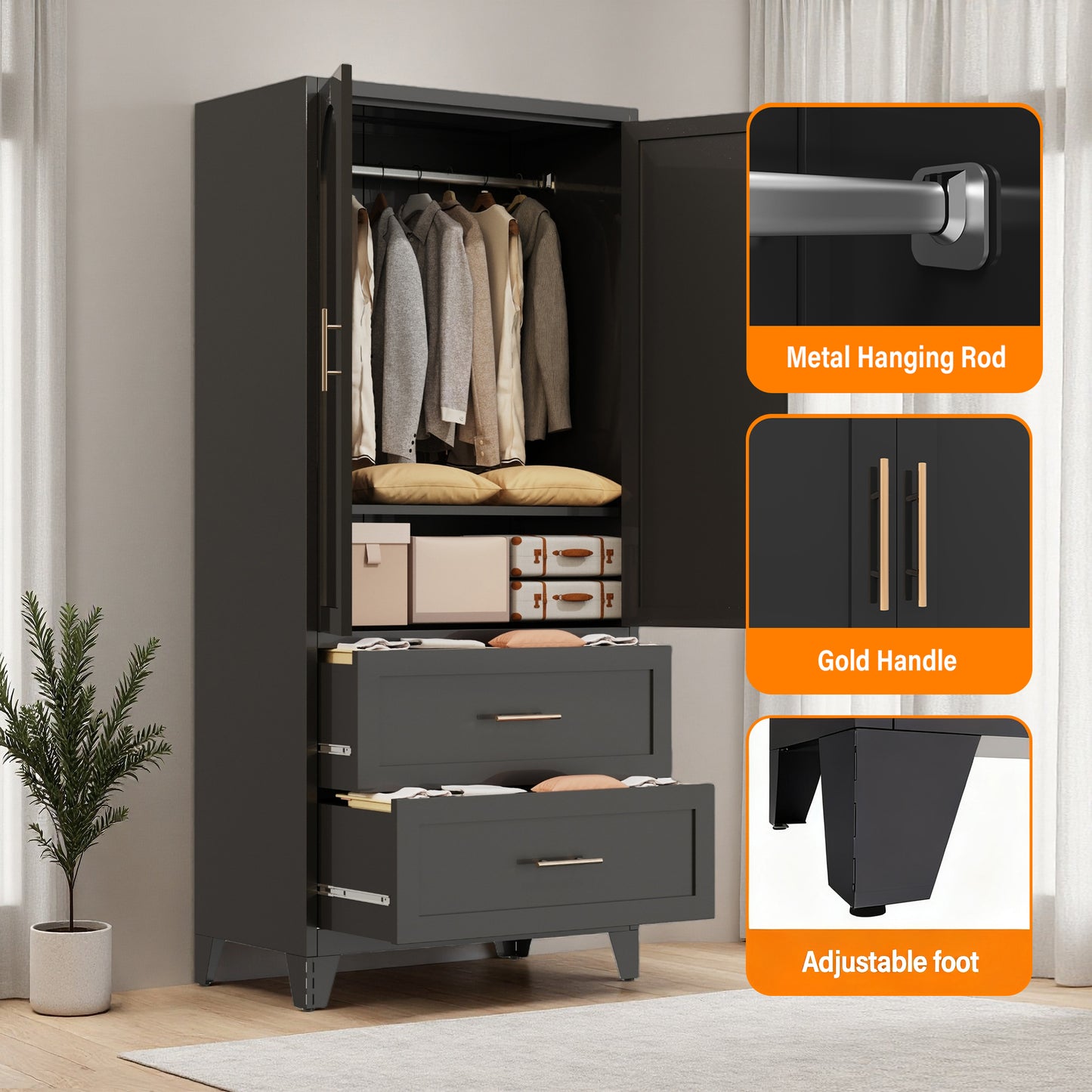 71 Tall Metal Wardrobe Cabinet With 2 Drawers And Hanging Rod, Doors