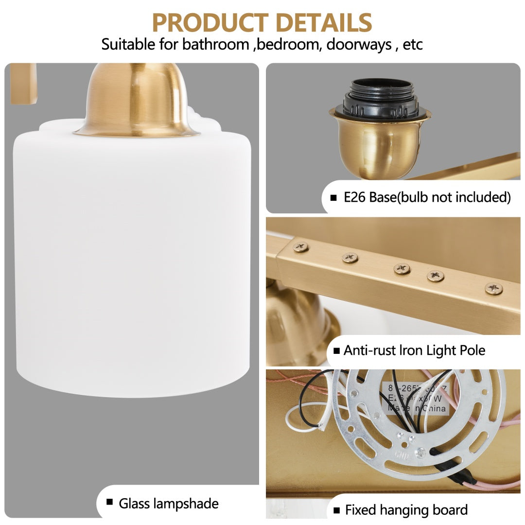 Gold Bathroom Vanity Light Fixture with Milky White Glass Shade